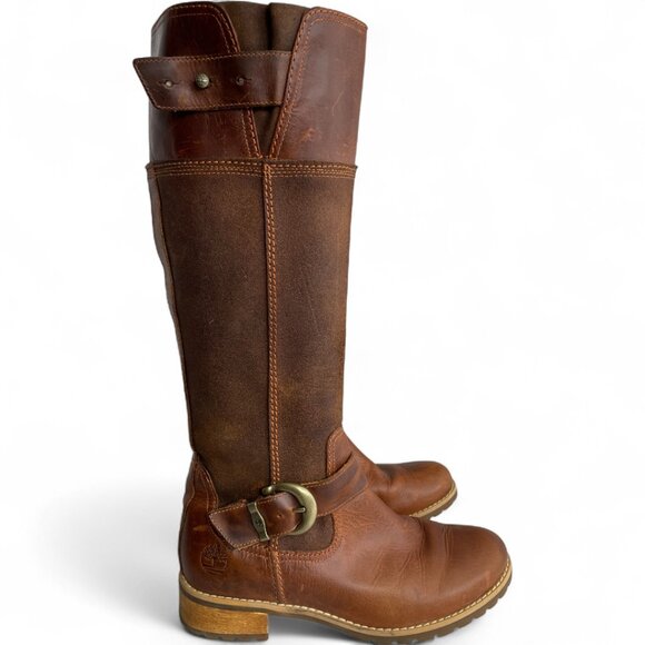Timberland Bethal Tall Brown Leather Riding Zip Winter Harness Boots Women's 6 - Picture 2 of 14